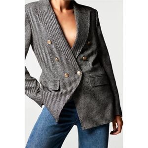 RARE ZARA HOUNDSTOOTH BLACK WHITE JACKET BLAZER DOUBLE BREASTED M